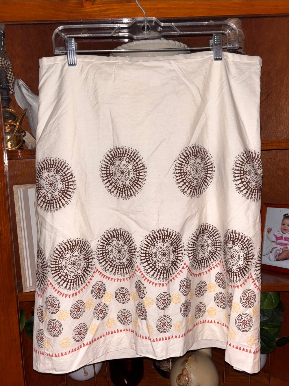 LOFT Cream Pencil Skirt with Brown Medallion Print and Yellow & Coral Accents